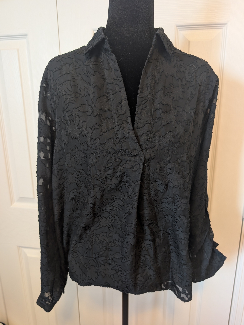 Textured Black Button-Down Collared Blouse